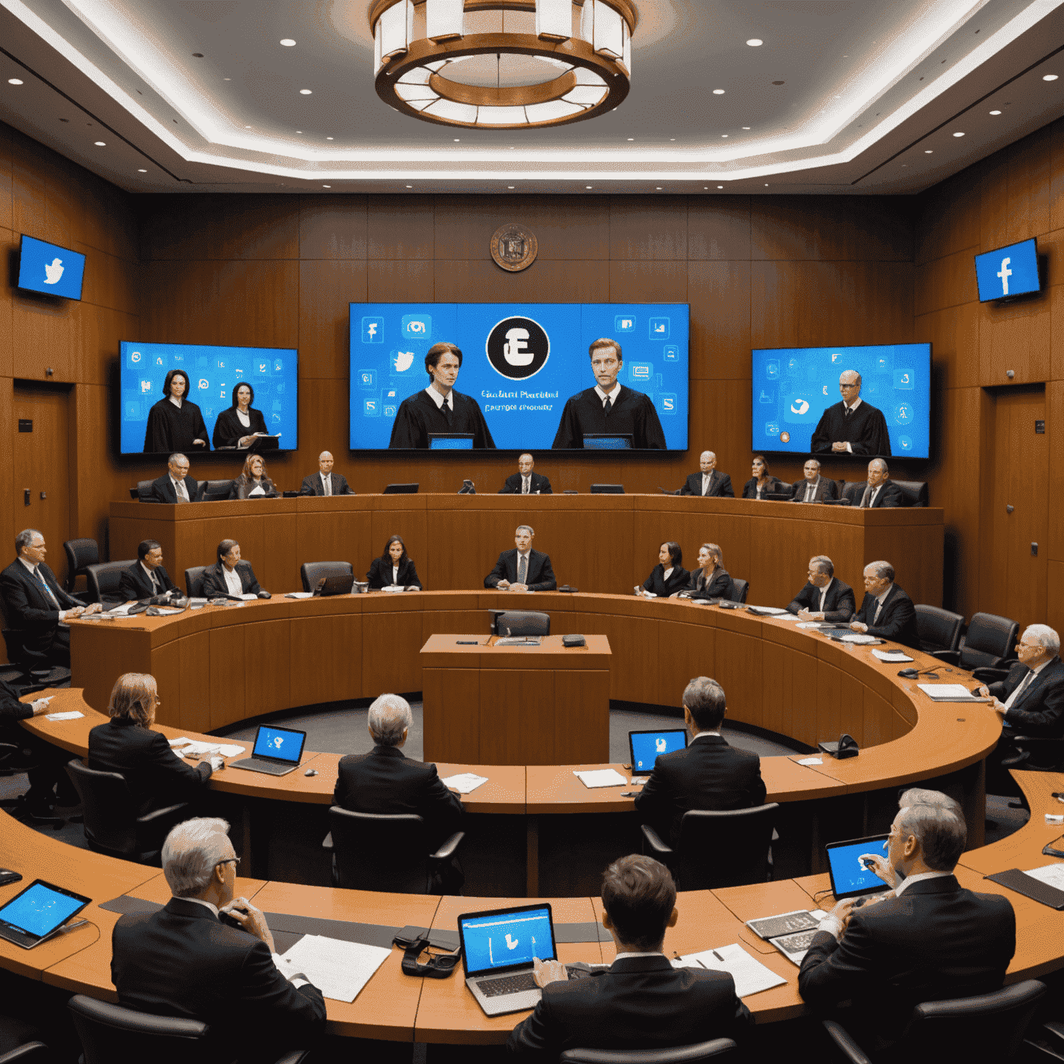Imagen de una sala de tribunal con jueces y abogados discutiendo, rodeados de pantallas que muestran iconos de redes sociales, simbolizando el choque entre la tecnología y la privacidad personal.