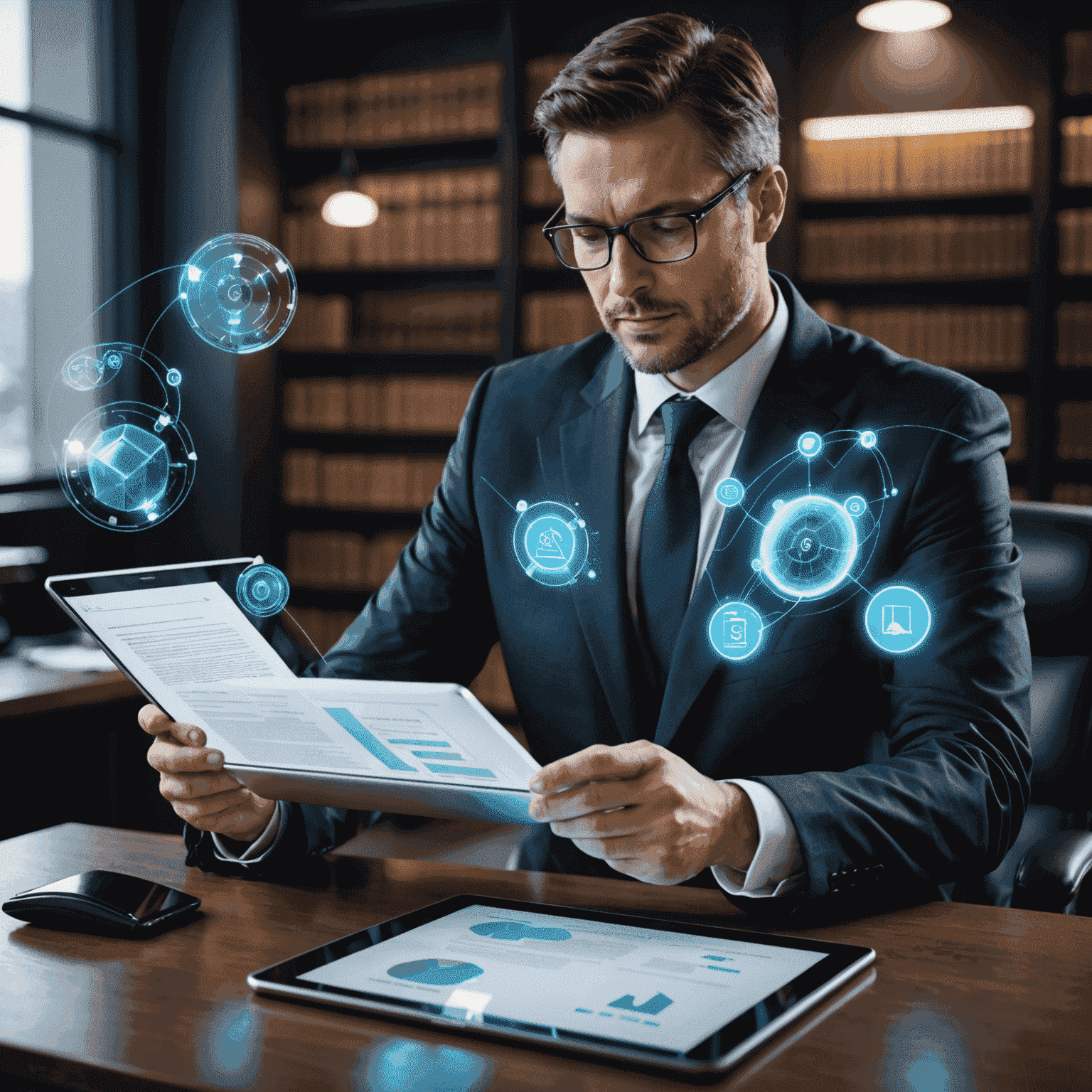 Imagen de un abogado utilizando una tableta con hologramas de documentos legales, representando la innovación en tecnología legal