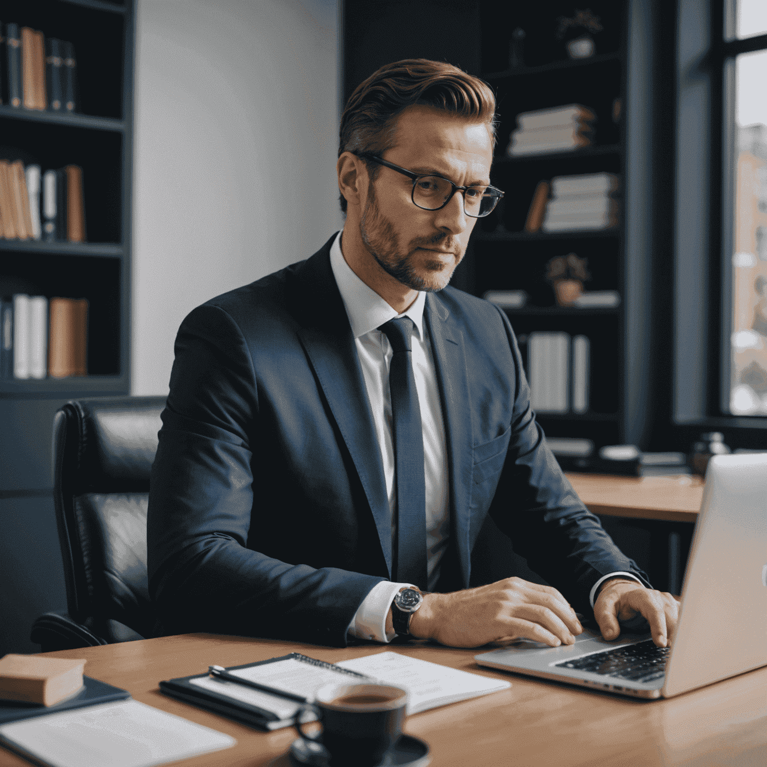 Abogado profesional sentado en su escritorio, listo para una consulta en línea. El abogado viste un traje azul oscuro y está frente a una computadora portátil en una oficina moderna y bien iluminada.