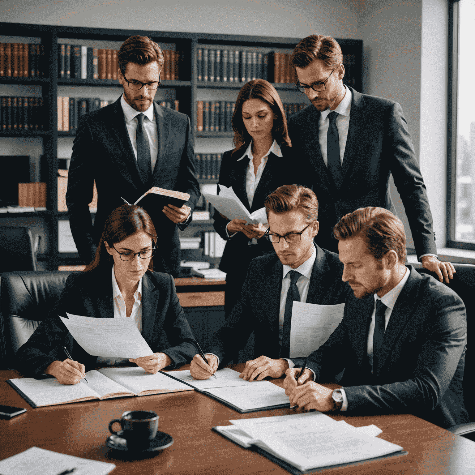 Un equipo de abogados profesionales revisando documentos legales en una oficina moderna. Se ven concentrados y meticulosos en su trabajo, rodeados de libros de leyes y tecnología avanzada.