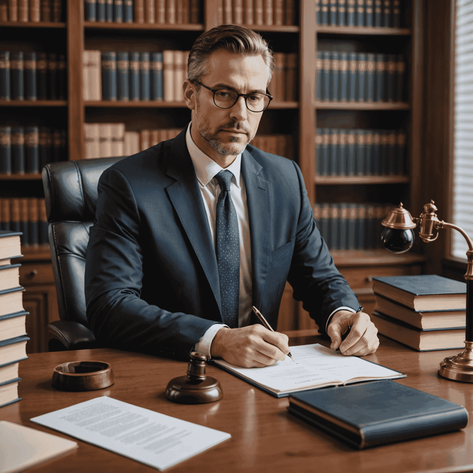 Abogado profesional redactando un contrato personalizado en su escritorio, rodeado de libros de derecho y utilizando una computadora moderna