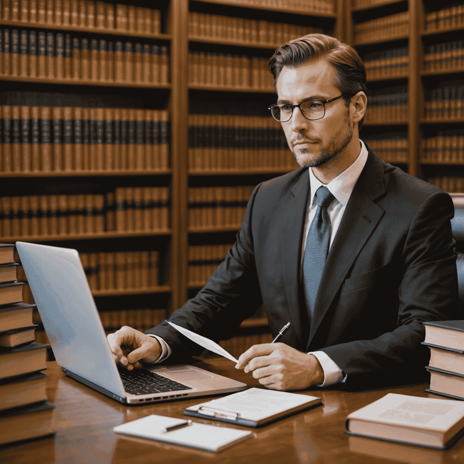 Abogado realizando investigación legal en una biblioteca jurídica, rodeado de libros de derecho y utilizando una computadora portátil para acceder a bases de datos legales en línea