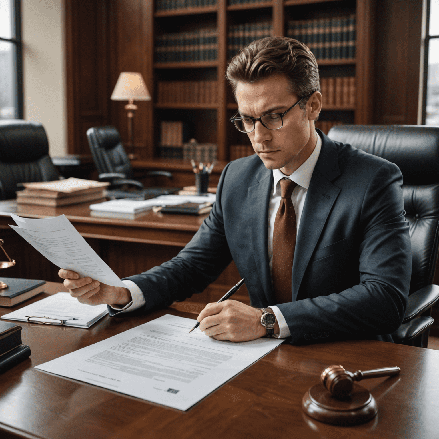 Abogado profesional revisando documentos legales en un escritorio moderno, con una expresión concentrada y seria. La imagen transmite profesionalismo y atención al detalle en la evaluación de casos legales.