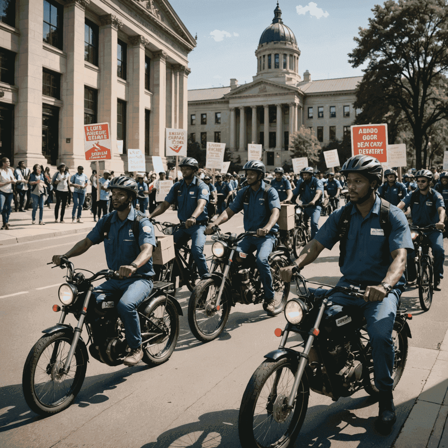 Imagen de un grupo diverso de trabajadores de reparto en bicicletas y motos, frente a un juzgado, sosteniendo carteles que reclaman derechos laborales, con sus smartphones mostrando la app de entrega en primer plano.