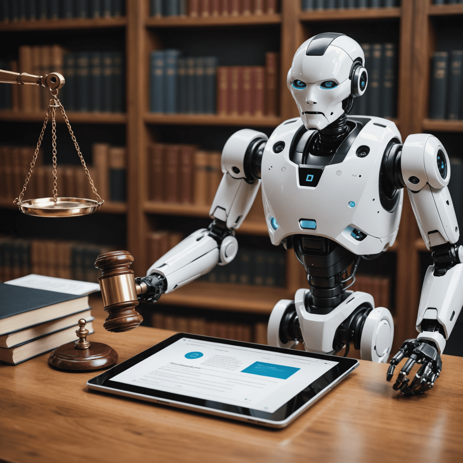 Imagen que muestra una tableta con aplicaciones legales y un robot asistente legal, representando innovaciones en tecnología legal