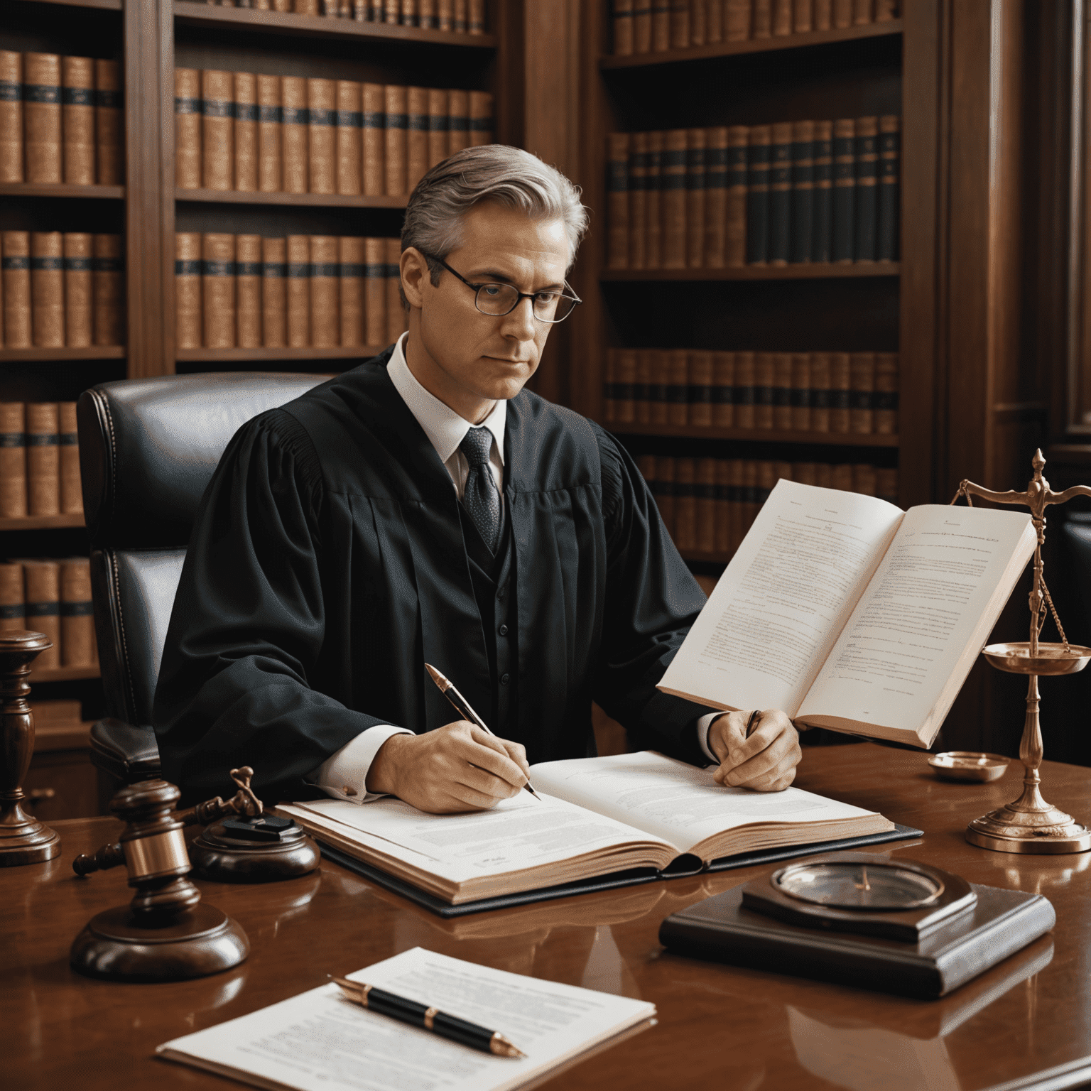 Imagen de un abogado redactando un contrato en una computadora, con libros de leyes y una balanza de la justicia en el escritorio