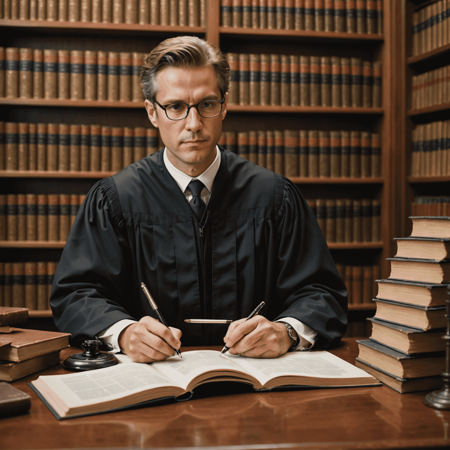 Imagen de un abogado realizando investigación legal en una biblioteca jurídica, rodeado de libros y utilizando una tablet