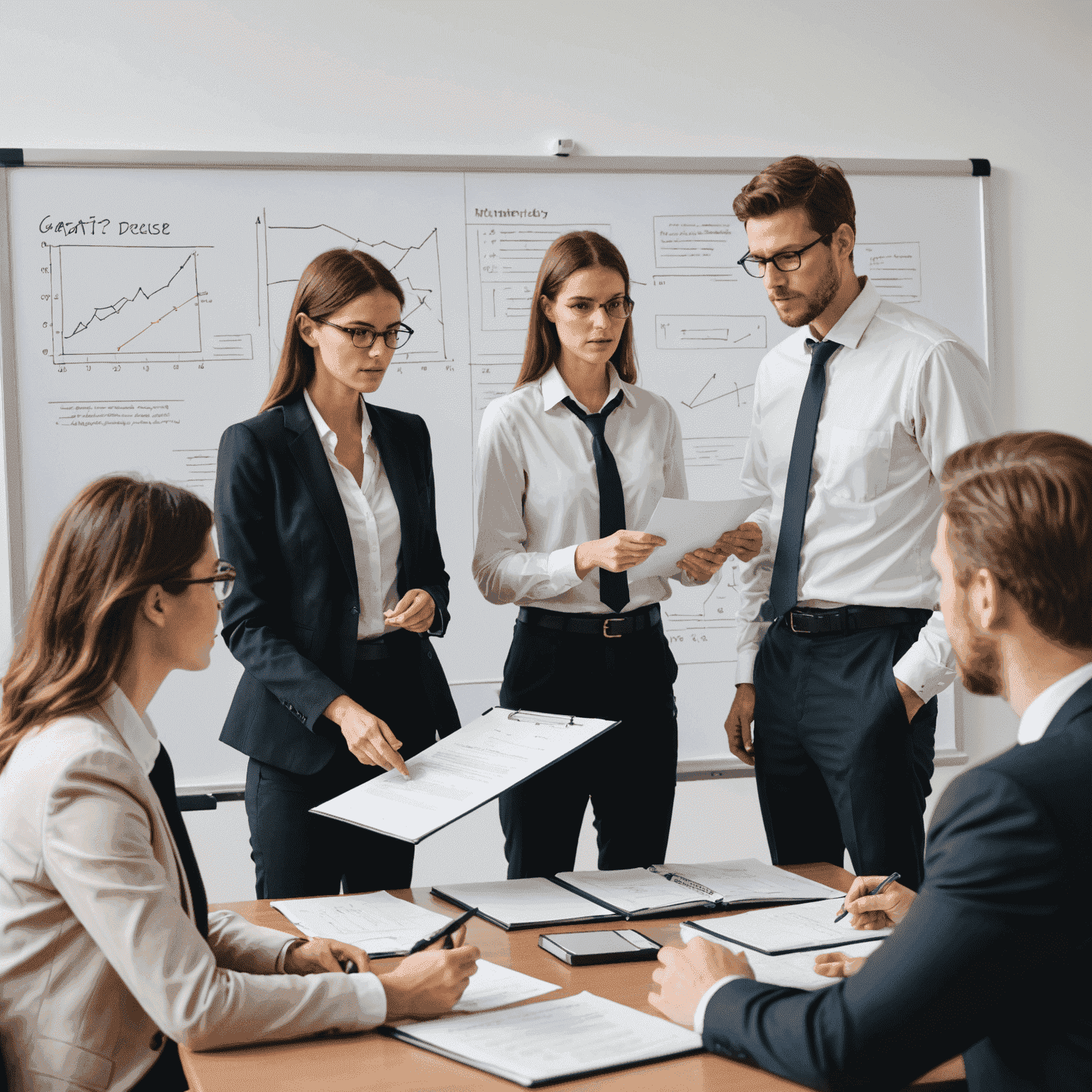 Imagen de un equipo de abogados discutiendo y evaluando un caso legal, con documentos y un diagrama en una pizarra